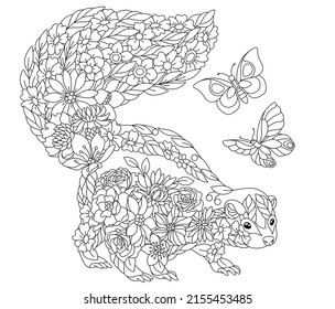 Floral adult coloring book page. Fairy tale skunk. Ethereal animal consisting of flowers, leaves and butterflies