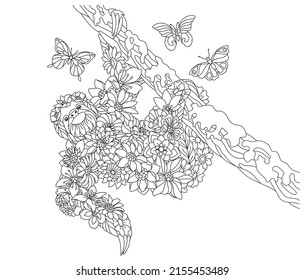 Floral adult coloring book page. Fairy tale sloth on the tree. Ethereal animal consisting of flowers, leaves and butterflies