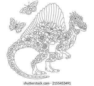 Floral adult coloring book page. Fairy tale spinosaurus dinosaur. Ethereal animal consisting of flowers, leaves and butterflies