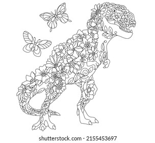 Floral adult coloring book page. Fairy tale tyrannosaurus rex dinosaur. Ethereal animal consisting of flowers, leaves and butterflies