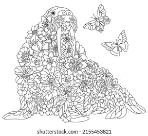 Floral adult coloring book page. Fairy tale walrus. Ethereal animal consisting of flowers, leaves and butterflies