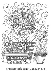 Floral adult coloring page. Black and white doodle flowers. Flower pots line art vector illustration isolated on white background.