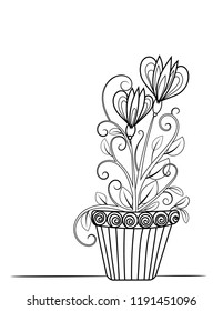 Floral adult coloring page. Black and white doodle flowers. Flower pot line art vector illustration isolated on white background.