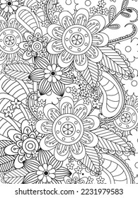 Floral Adult Coloring Page. Vector art.	
