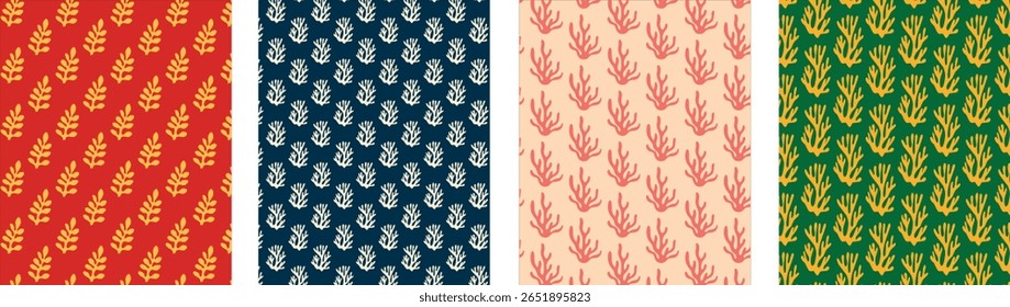  Algas florais planta conjunto de padrão sem costura. Groovy conjunto sem costura retro para tecido e design têxtil. Conjunto de padrões sem emenda legal e moderno.