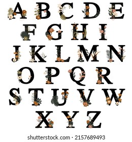 Floral alphabet with black letters on a white background
