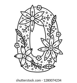 Floral alphabet. Black and white doodle letter O. Coloring book for adults and kids.