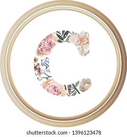 Floral alphabet C of romance greeting card and flower and leaf vector with circle wooden flame.