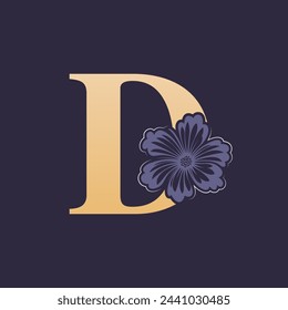 Alfabeto floral D Logo con flor. Plantilla de logotipo inicial de letra D