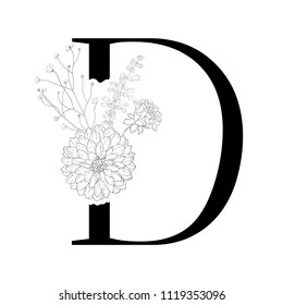 Floral alphabet. Decorative serif letter. Uppercase font.