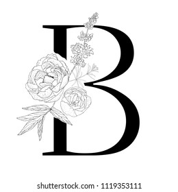 Floral alphabet. Decorative serif letter. Uppercase font.