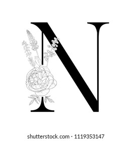 Floral alphabet. Decorative serif letter. Uppercase font.