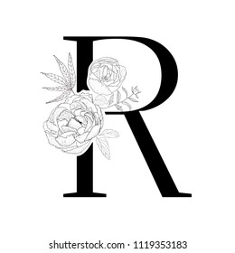 Floral alphabet. Decorative serif letter. Uppercase font.