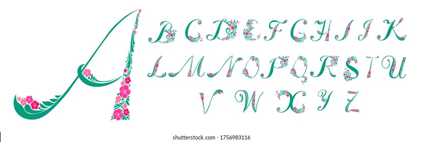 Floral alphabet font uppercase letters with pink flowers isolated on white background. Vector Illustration for wedding, greeting cards, invitations template design. Full ABC alphabet letter set of 26