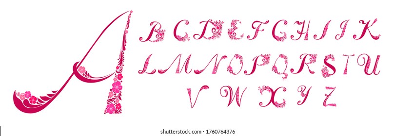 Floral alphabet font uppercase letters with white flowers isolated on white background. Vector Illustration for wedding, greeting cards, invitations template design. Full ABC alphabet letter set of 26