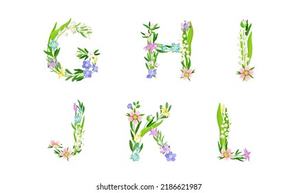 Alfabeto floral. Letras G,H,I,J,K,L de flores de primavera y hojas de ilustración vectorial