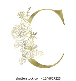 Floral alphabet and gold serif letter. Decorative ABC.