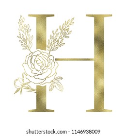 Floral alphabet and gold serif letter. Decorative ABC.
