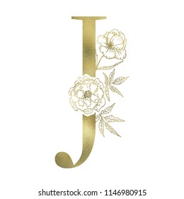 Floral alphabet and gold serif letter. Decorative ABC.
