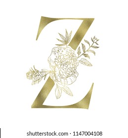 Floral alphabet and gold serif letter. Decorative ABC.