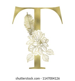 Floral alphabet and gold serif letter. Decorative ABC.