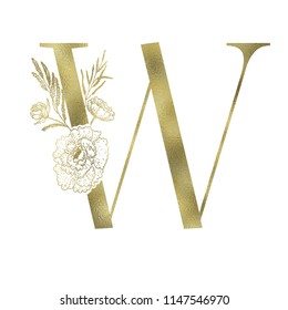 Floral alphabet and gold serif letter. Decorative ABC.