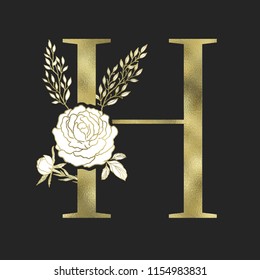 Floral alphabet and gold serif letter. Decorative ABC.
