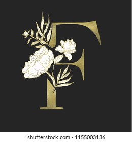 Floral alphabet and gold serif letter. Decorative ABC.