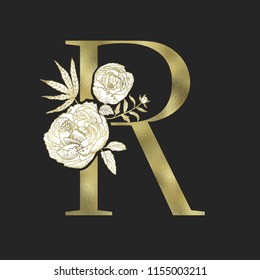 Floral alphabet and gold serif letter. Decorative ABC.