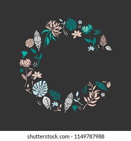 floral alphabet, isolated letter C made of flowers. Typographic for print, logos, emblems, initials