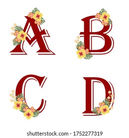 Floral  Alphabet, Isolated Summer Letters on White Background. Floral Wedding Font Illustration. Can be used for kid's clothing. Use for print, surface design, fashion wear 
