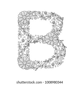 Floral alphabet letter B coloring book for adults. vector illustration.Hand drawn.Doodle style.