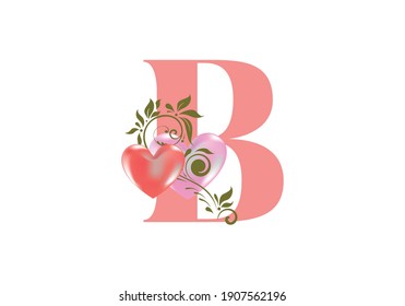 Floral alphabet, letter B with two hearts. Monogram initials for wedding invitations, greeting card etc. Valentine's day concept
