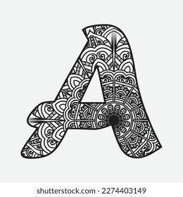 Floral alphabet letter coloring book for adults vector illustration.Black and white lines. Lace pattern