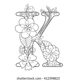 Floral alphabet letter coloring book for adults vector illustration.  Zentangle style. Floral font. Black and white lines. Lace pattern