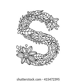 Floral alphabet letter coloring book for adults vector illustration. 