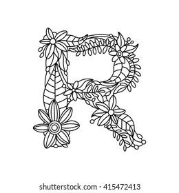 Floral Alphabet Letter Coloring Book For Adults Vector Illustration