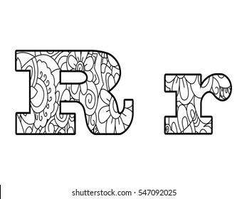 Floral alphabet letter coloring book for adults vector illustration. Zentangle style. Floral font. Black and white lines. Lace pattern