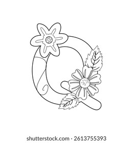Floral Alphabet letter coloring page for kids and adults black and white line art 