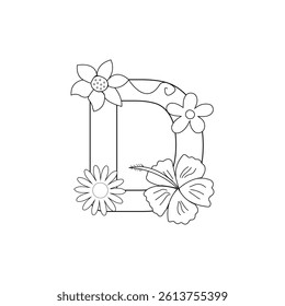 Floral Alphabet letter coloring page for kids and adults black and white line art 