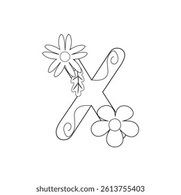 Floral Alphabet letter coloring page for kids and adults black and white line art 