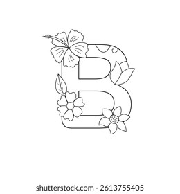 Floral Alphabet letter coloring page for kids and adults black and white line art 