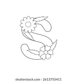 Floral Alphabet letter coloring page for kids and adults black and white line art 
