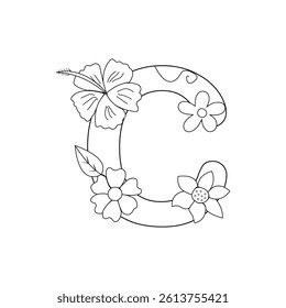 Floral Alphabet letter coloring page for kids and adults black and white line art 
