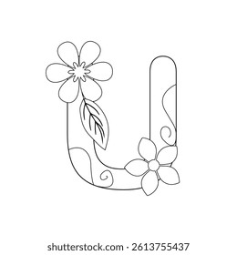 Floral Alphabet letter coloring page for kids and adults black and white line art 