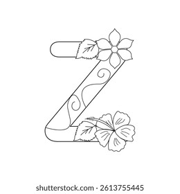 Floral Alphabet letter coloring page for kids and adults black and white line art 