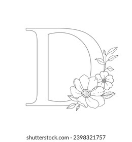 Blumenalphabet D mit handgezeichneten Blumen und Blättern für Hochzeitseinladung, Grußkarte, Logo, Poster und anderes Design