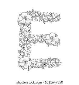 Floral alphabet letter E coloring book for adults. vector illustration.Hand drawn.Doodle style.