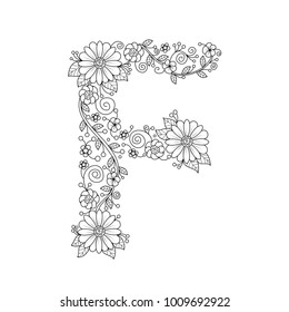 Floral alphabet letter F coloring book for adults. vector illustration. Hand drawn. Doodle style.