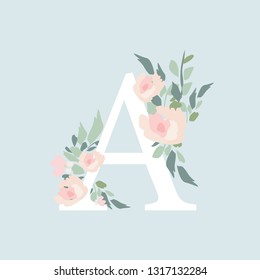 Floral Alphabet - letter A with flowers bouquet composition. Unique collection for wedding invites decoration and many other concept ideas.